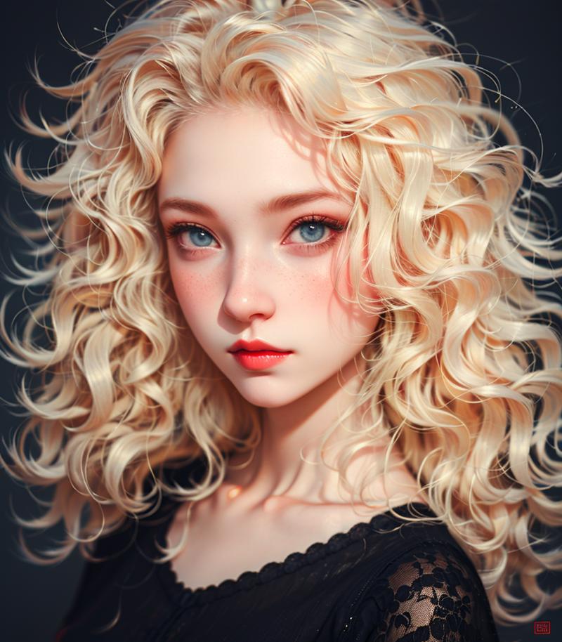 00249-3802736991-a painting of a blonde haired girl with blue eyes and a red lip and a black shirt on a gray background,_lora_日系模特_0.75_,.png